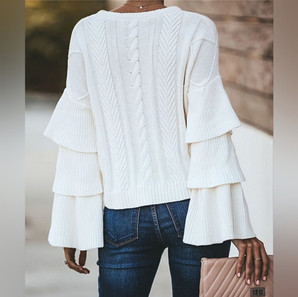Endless Rose White Cable Knit Tiered Bell-Sleeve Sweater Women's Size Small S - Picture 3 of 12